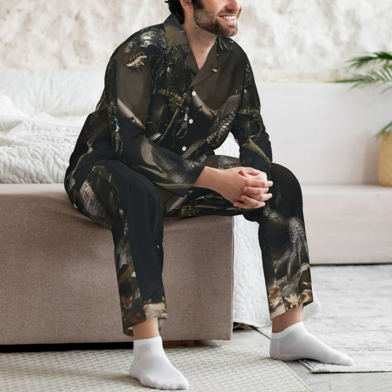 Adobk Medieval Knight And Dragon Print Mens Pajamas Set Long Sleeve Soft Pajamas for Men Button Down Sleepwear Pjs Lounge Sets with Pockets XX Large Walmart