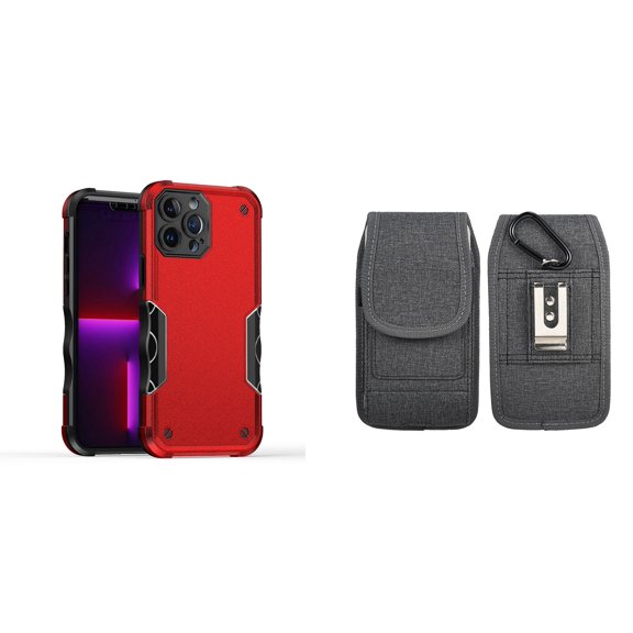 Case with Belt Holster Bundle for iPhone 14 Pro Max: Slim EX Hybrid Series Shockproof Case (Red) and Vertical Phone Pouch Nylon Fabric (Grey)