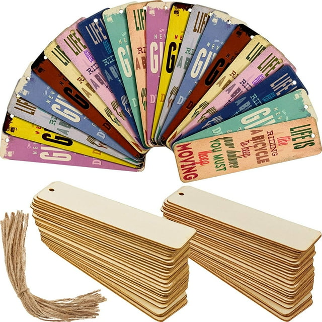 Paquete de 36 marcapáginas de madera en blanco para manualidades, forma rectangular, marcapáginas en blanco, adornos con agujeros y cuerdas para Navidad, boda, cumpleaños, decoración de fiesta