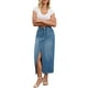 thumbnail image 2 of Falda de mezclilla de mujer Inspire Chic, de cintura alta, con abertura frontal, dobladillo sin terminar, falda maxi lavada con bolsillos, falda de mezclilla XL azul, 2 of 6