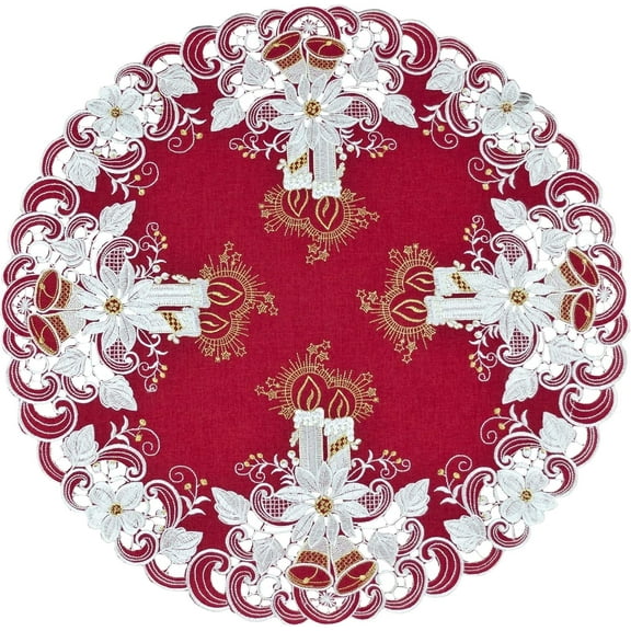 Christmas Candles, Bells and Poinsettia on Red Doily (24" Round)