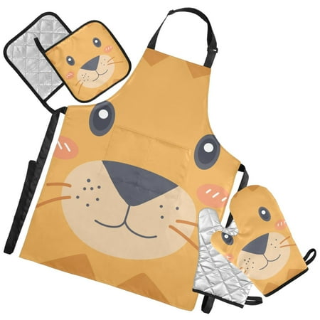 Ryvnso Funny Lion Face Kitchen Apron Oven Mitts Set Pot Holders