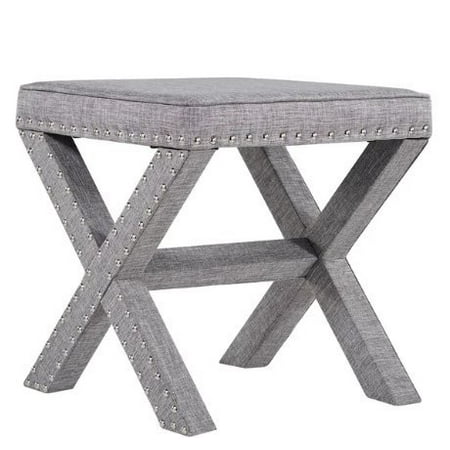 - ModHaus Living Contemporary Linen Fabric Upholstered 17 Inch Bench Ottoman Vanity Stool with X Legs and Silver Nailhead - Includes Pen (Gray)