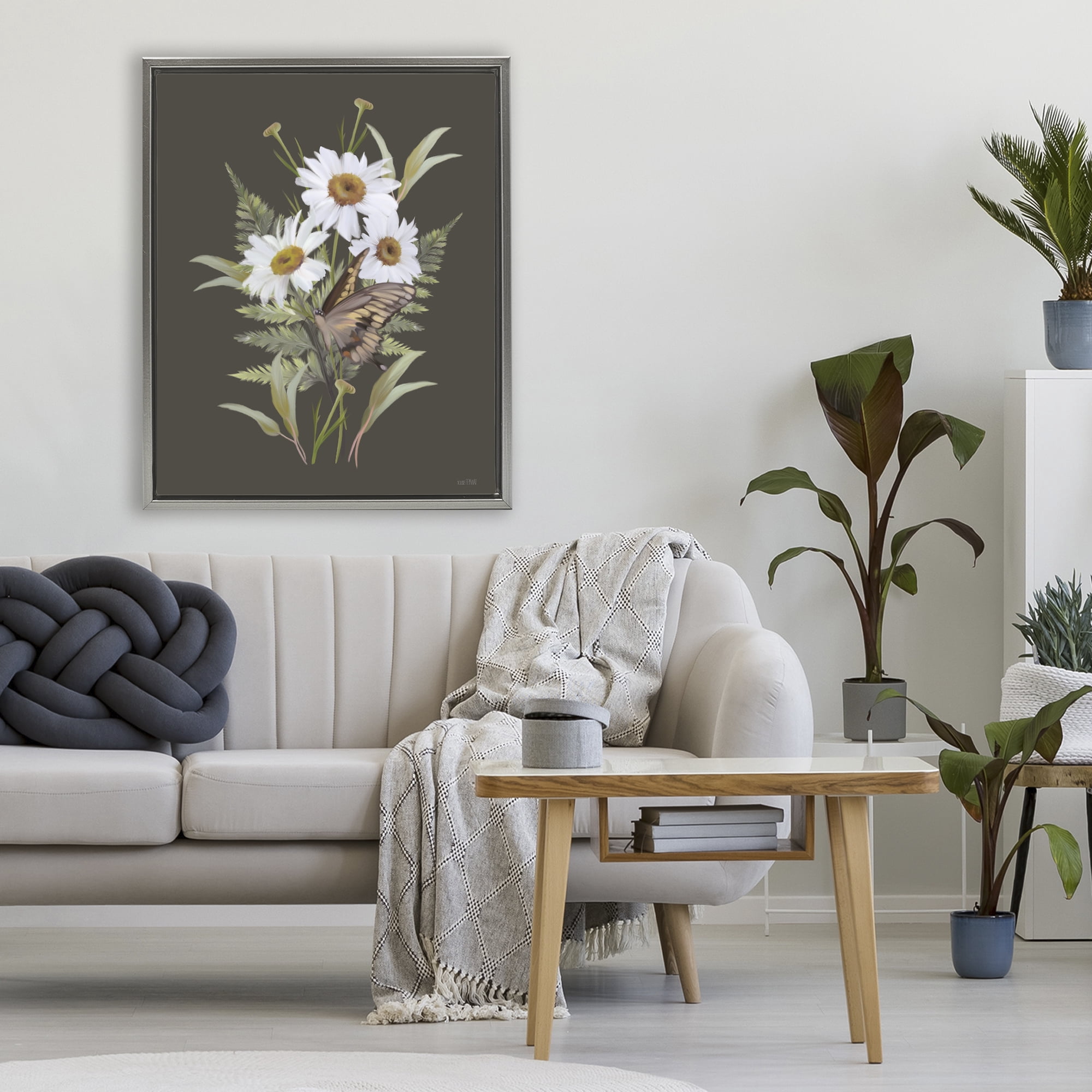 Stupell Industries Daisy Bouquet with Swallowtail Gray Framed Floater Canvas Wall Art, design by House Fenway