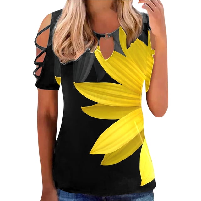 Gibobby Blusa Casual de Mujer Camiseta manga corta con estampado flores y botones para mujer, camiseta manga corta, informal, Sexy, verano, para (Amarillo,XL)