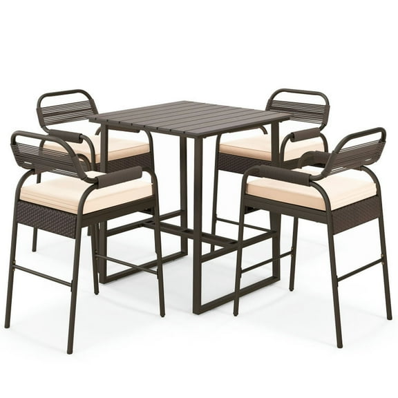 GVN 5 Piece Rattan Counter Set with 4 Stools and Polywood Bar Table-Brown