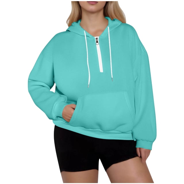 Wensltd Women's Oversized Hoodies Zip-Up Drop Shoulder Long Sleeve Sport Top Drawstring Plus Size Solid Color