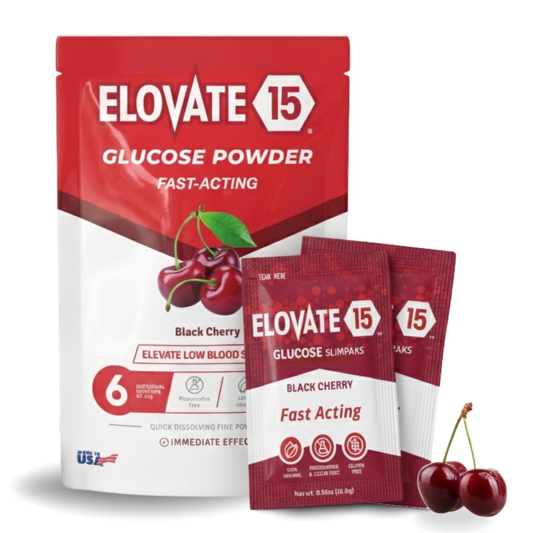 Elovate15 Fast-Acting Glucose Powder Packets, Black Cherry Flavor – Instant Dissolve, No Water Needed | 15g Pure Dextrose | Waterproof SlimPaks | Made in USA | Gluten-Free (Pack of 6)