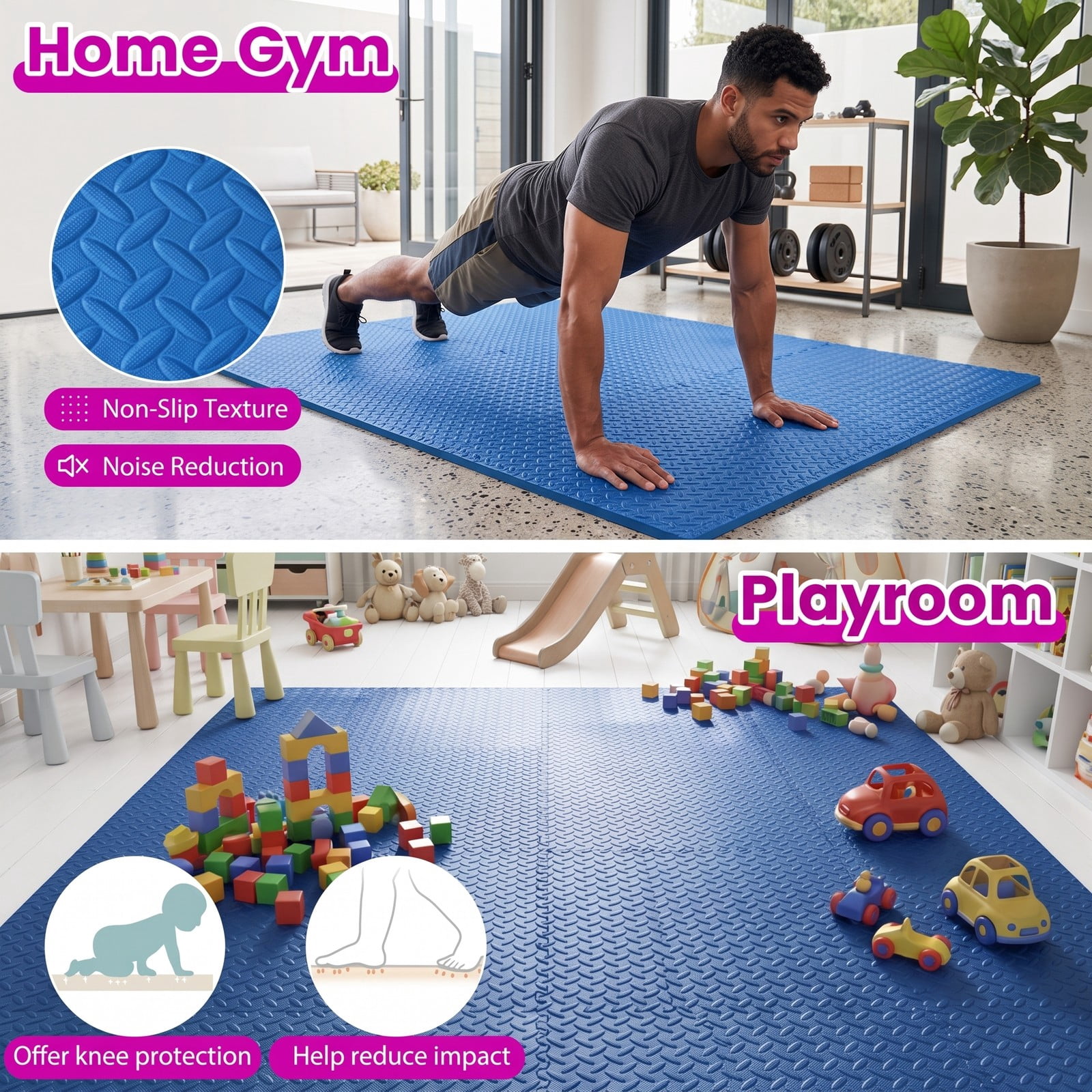 Airfind 12 Tiles Puzzle Exercise Floor Mat with Interlocking EVA Foam and Non-Slip Texture for Home Gym Equipment Protection, Blue