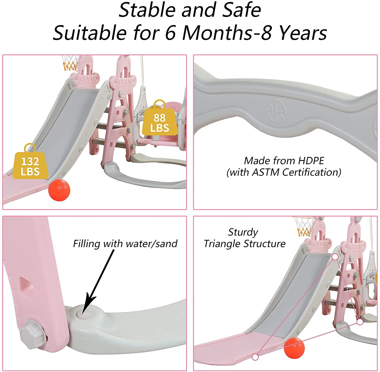 CIPACHO 3 in 1 Toddler Slide and Swing Set, Kids Play Climber Slide Playset with Basketball Hoop, Extra-Long Slide, Baby Slide for Indoor Outdoor, Pink+Gray CIPACHO 3 in 1 Toddler Slide and Swing Set, Kids Play Climber Slide Playset with Basketball Hoop, Extra-Long Slide, Baby Slide for Indoor Outdoor, Pink+Gray