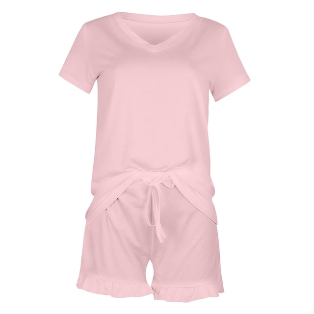 Chbgutlmr Lounge Sets for Women 2 Piece V Neck Tees Ruffle Drawstring Shorts Loose Comfy Summer Outfits