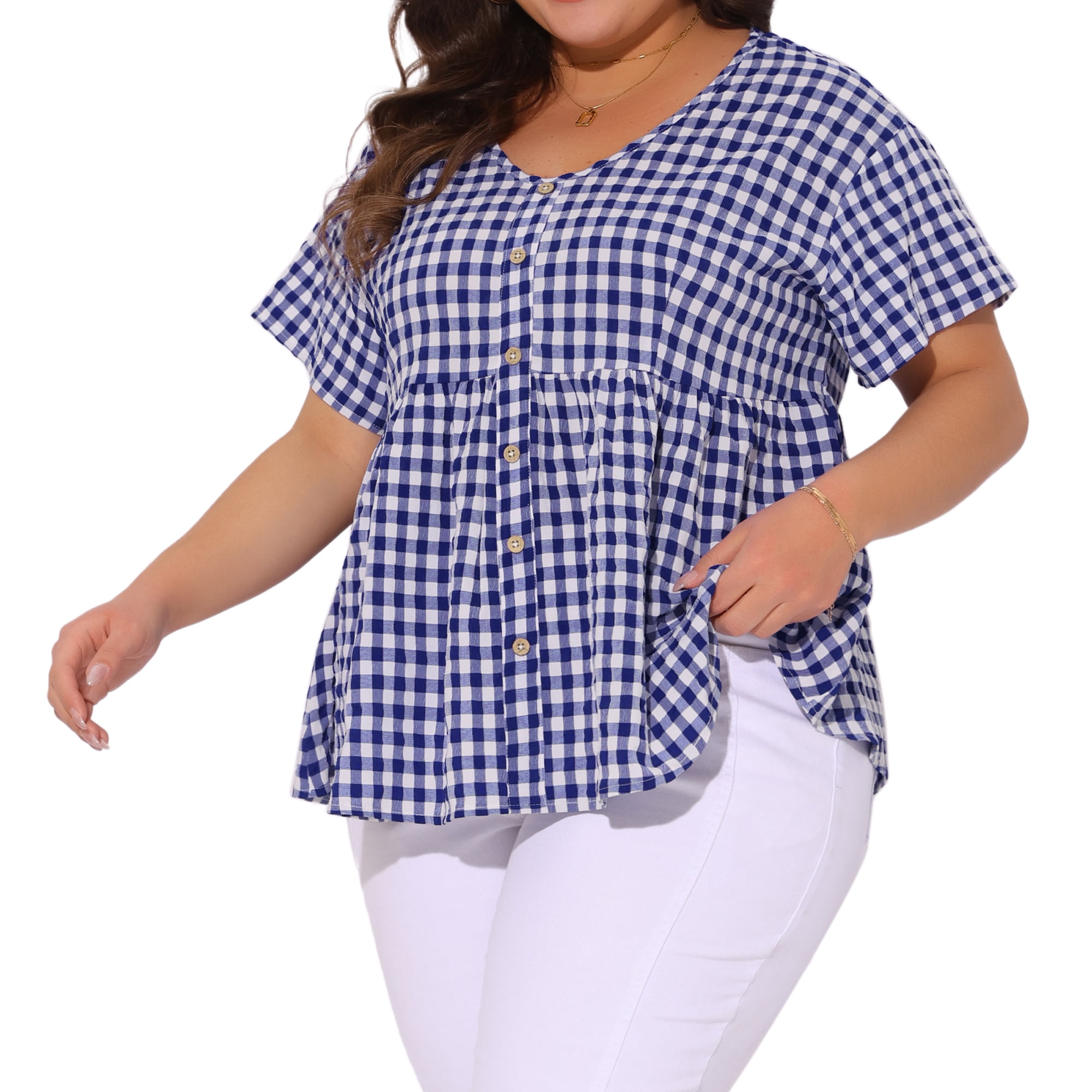 Women's Plus Gingham Tops Plaid Short Sleeve V Neck Summer Babydoll Top 4X Blue