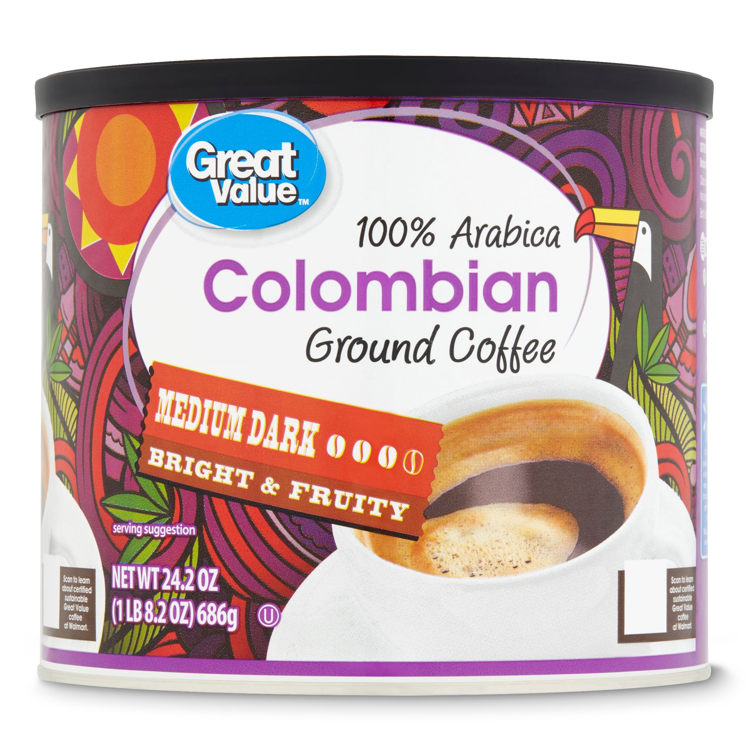 Great Value 100% Arabica Colombian Medium Dark Ground Coffee, 24.2 oz
