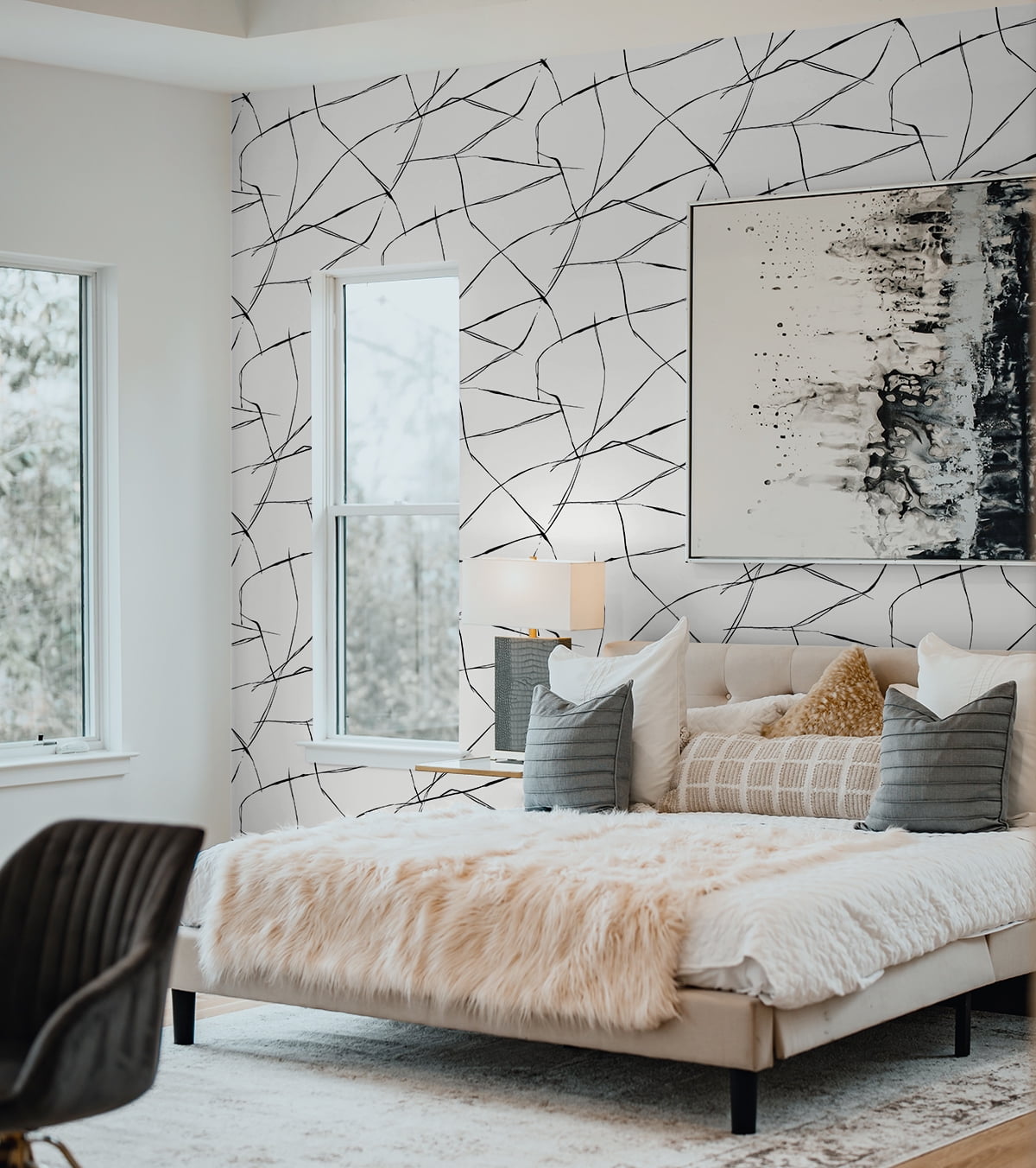 NextWall Ebony & Eggshell Inkwork Abstract Peel and Stick Wallpaper