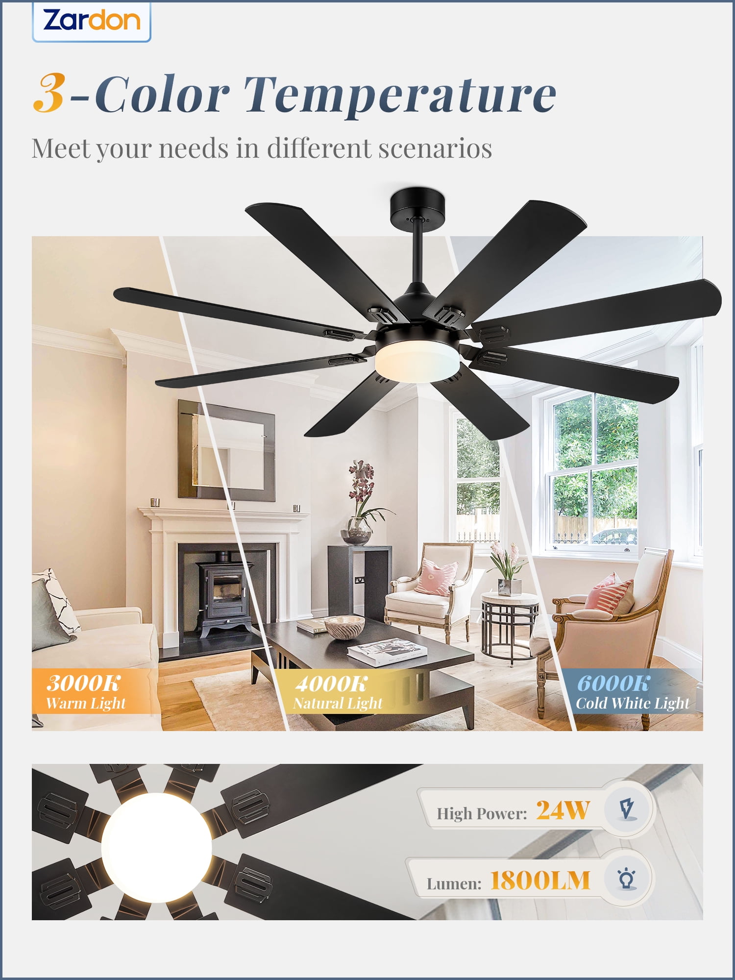 Zardon 62" Black Modern Ceiling Fan with Light and Remote Control, Reversible Quiet DC Motor, Bright LED Light, 6-Speed, Timer for Bedroom, Living Room