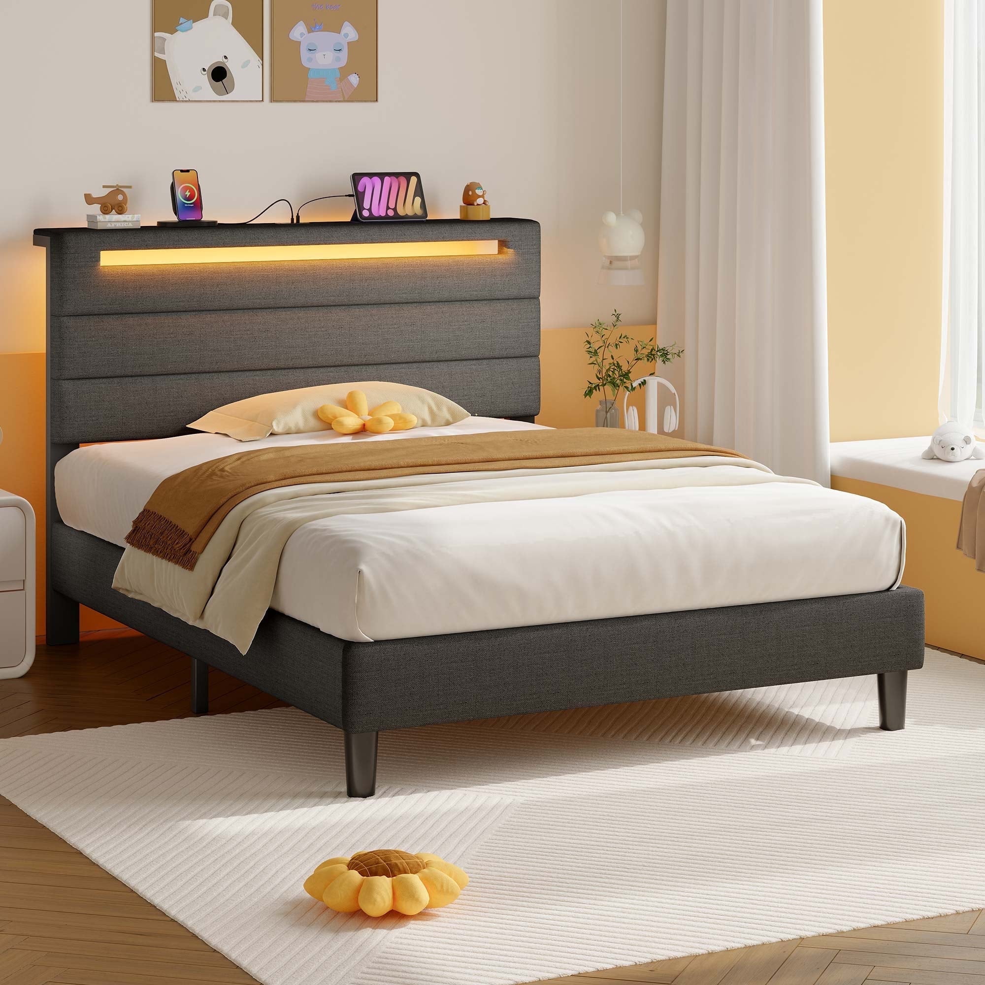 Greenstell Twin Size Bed Frame with Upholstered Storage Headboard and LED Light, Bed Platform with Charging Station, USB Ports, Under-bed Storage, Dark Gray