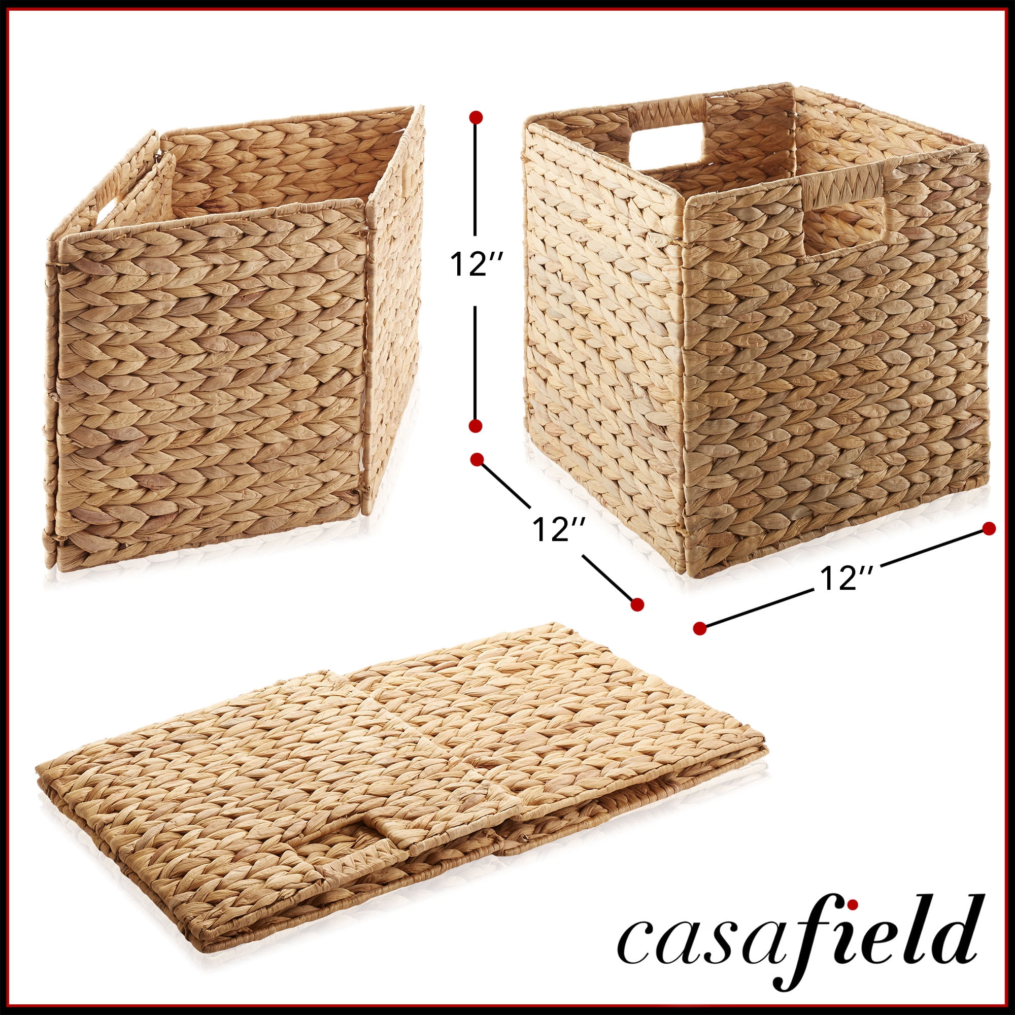 Casafield 12" x 12" Water Hyacinth Storage Baskets, Natural - Set of 4 Collapsible Cube Organizers, Woven Bins for Bathroom, Bedroom, Laundry, Pantry, Shelves