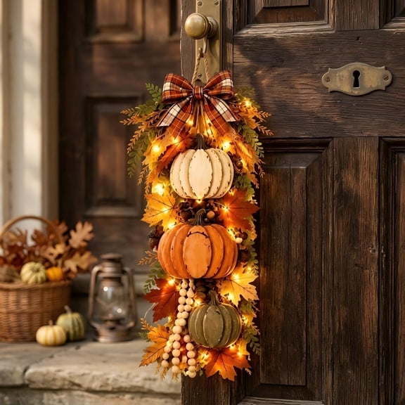 Light up Fall Teardrop Swag for Front Door, 21.65" Autumn Harvest Pumpkin & Maple Leaf Wreath Alternative with Warm LEDs, Thanksgiving Thanksgiving Porch Decor
