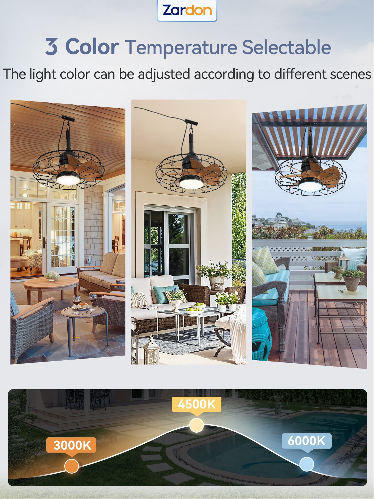 Zardon 18" Gazebo Fan for Patio, Outdoor Caged Ceiling Fan with LED Light, Quiet DC Motor and 6 Speeds with Remote Control, IP65 Waterproof for Porch, Pergola Canopy
