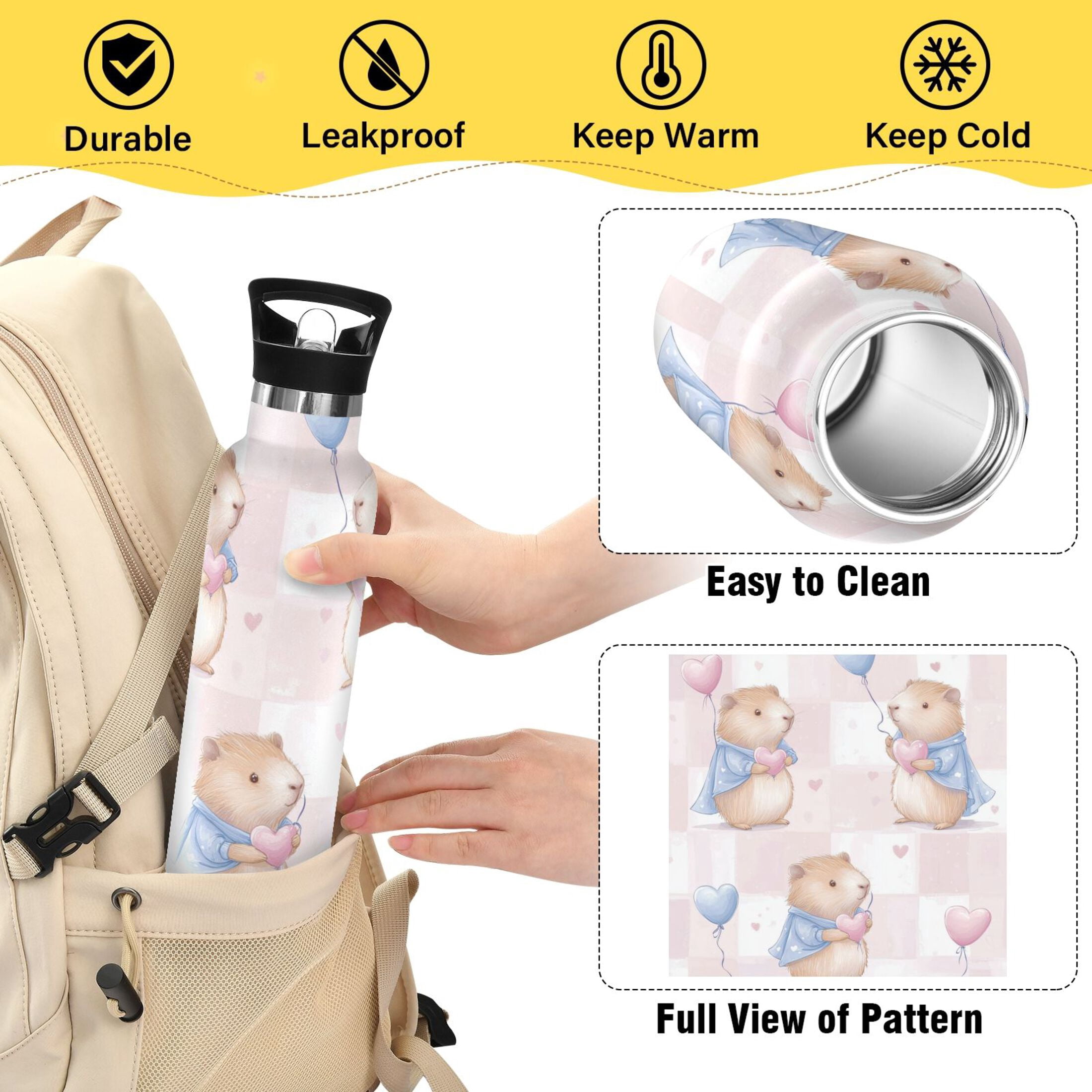 Kids Insulated Stainless Steel Sports Water Bottle 600ml (20oz) Capybaras Holding Balloons