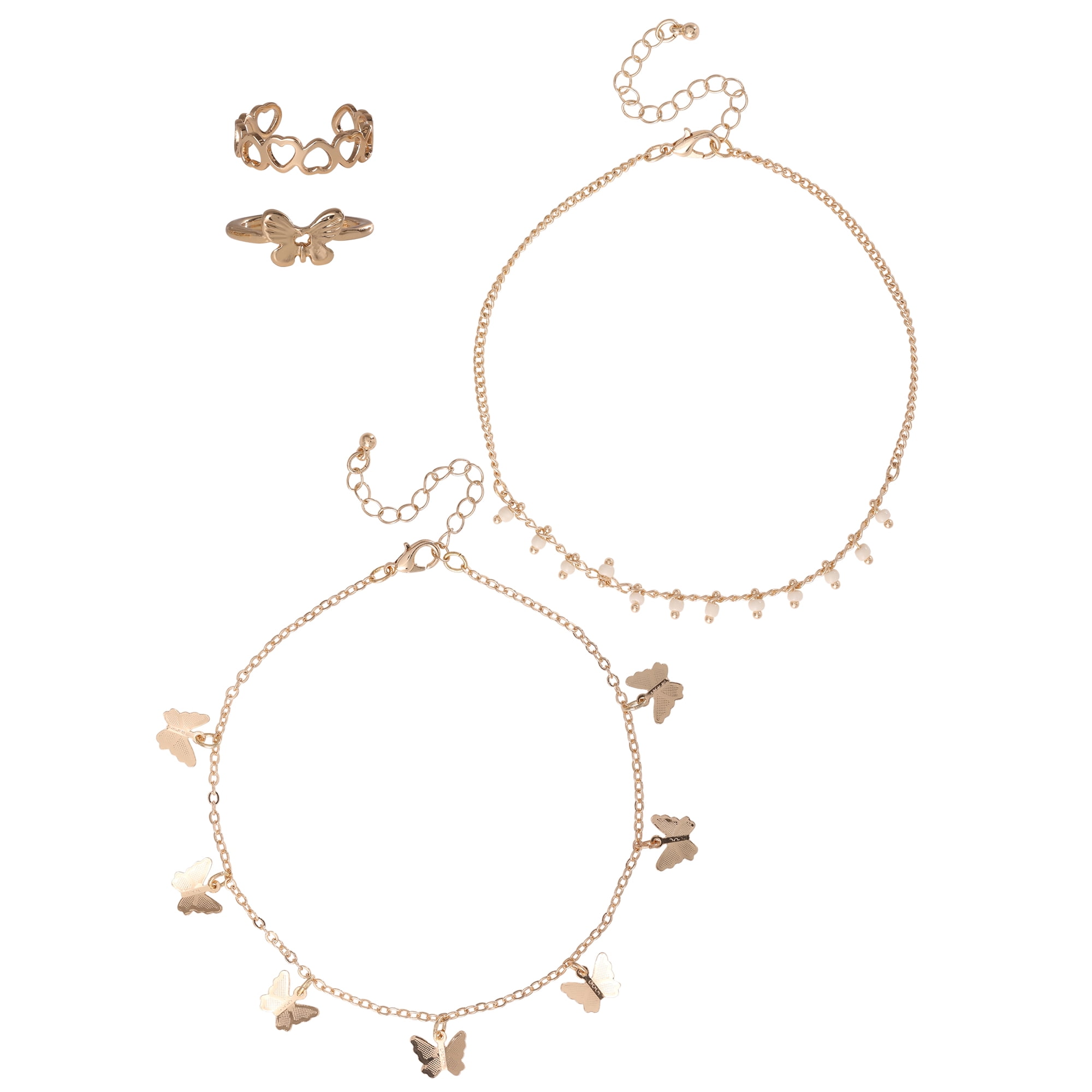 Jessica Simpson Women's Butterfly Anklet and Toe Ring Set, 4-Piece
