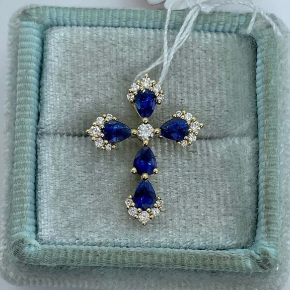 2Ct Pear Cut Lab Created Sapphire Cross Pendant 14K Yellow Gold Plated 18 Chain