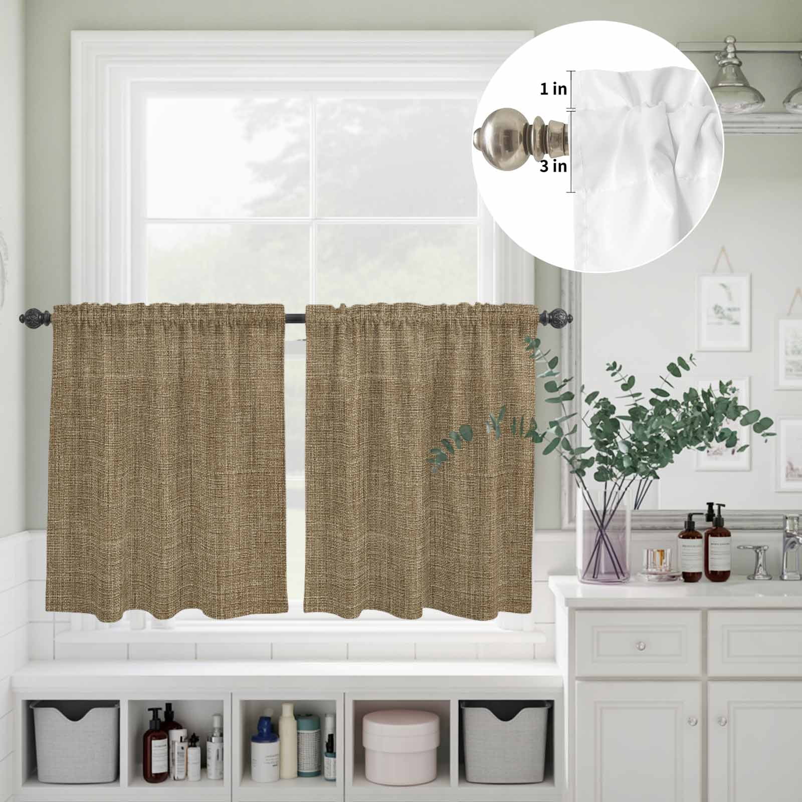 Vintage Brown Kitchen Curtains Sets for Windows 24 Inch Length, Farmhouse Retro Dark Solid Color Linen Texture Rod Pocket Window Treatments Tier Curtains and Valances Set for Bedroom/Bathroom