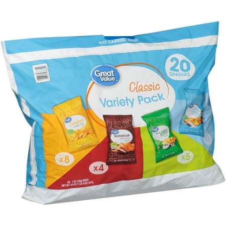 80 Black Value Pack - (2 Pack) Great Value Classic Original, Sour Cream & Onion, Barbecue & Salt & Vinegar Potato Chips Variety Pack 20-1 oz. Bags