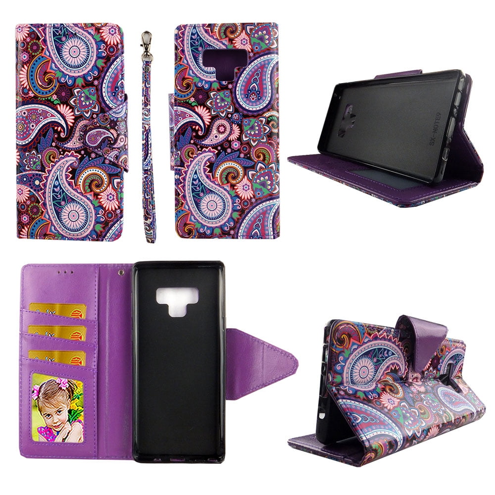 Purple Paisley Wallet Case for Samsung Galaxy Note 9 Folio Standing