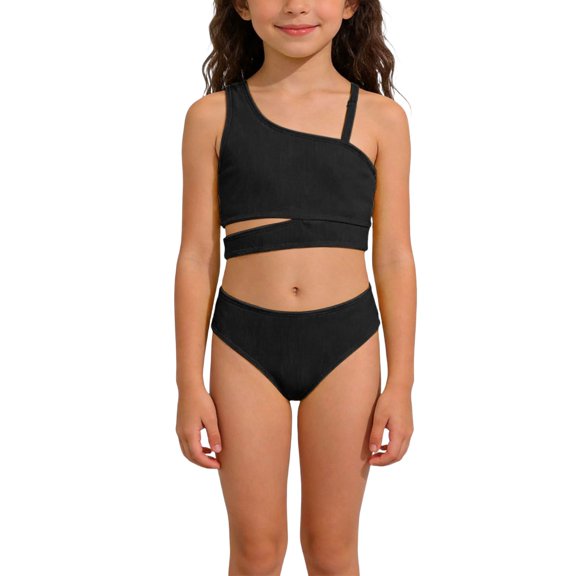 uikmnh Girls 2 Piece Swimsuit Solid Color Tankini Bikini Set for Summer Beach and Pool Play Color:Black,Size:7-8 Years