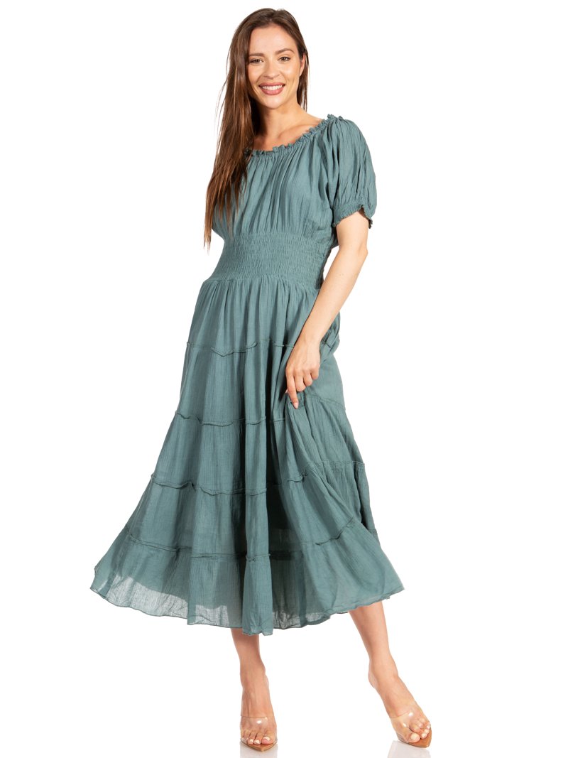 Sakkas Cotton Crepe Smocked Peasant Gypsy Boho Renaissance Mid Length Dress  - A-Teal - One Size