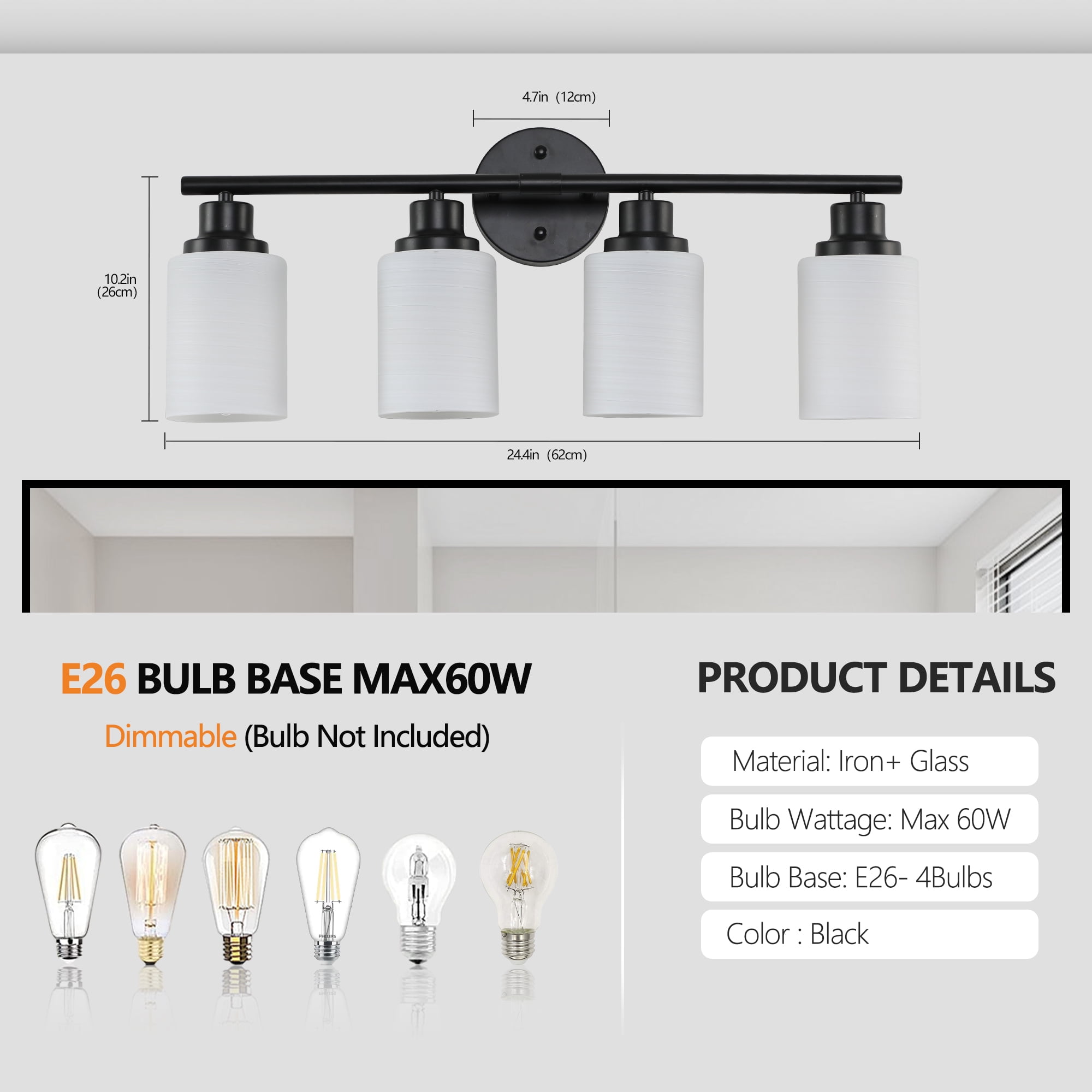 Miniyam 4-Light Modern Bathroom Vanity Light, Black Wall Fixture with Frosted Glass Shades