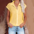 thumbnail image 3 of QLEICOM Womens Casual Tops, Plus Size Summer Shirt, Fashion Elegant Solid Cotton And Linen Button Blouse, Lapel Neck Short Sleeve Cardigan Buttons Blouse Tunic Tops Yellow S, 3 of 5