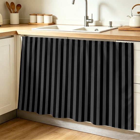 Black Grey Stripes Cabinet Curtains for Shelves, Modern Vertical Lines Geometric Minimalist Privacy Curtain for Closet Self Adhesive, Dust-Proof Drapes for Closet Storage Room Classroom 32"W x 55"L
