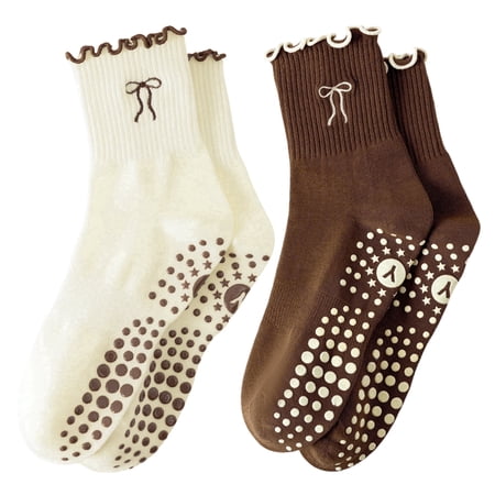 Yawlsow 2 Pairs Pilates Grip Socks for Women, Non Slip Yoga Socks with Single Bow Embroidery and Cute Mini Ruffle for Barre Ballet Workout, Hospital