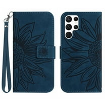 Mantto for Samsung Galaxy S24 Ultra Wallet Case with Wrist Strap,Stylish Sunflower Embossed PU Leather Shockproof Protective Magnetic Flip Stand Card Slots Protective Phone Cover,Inkblue