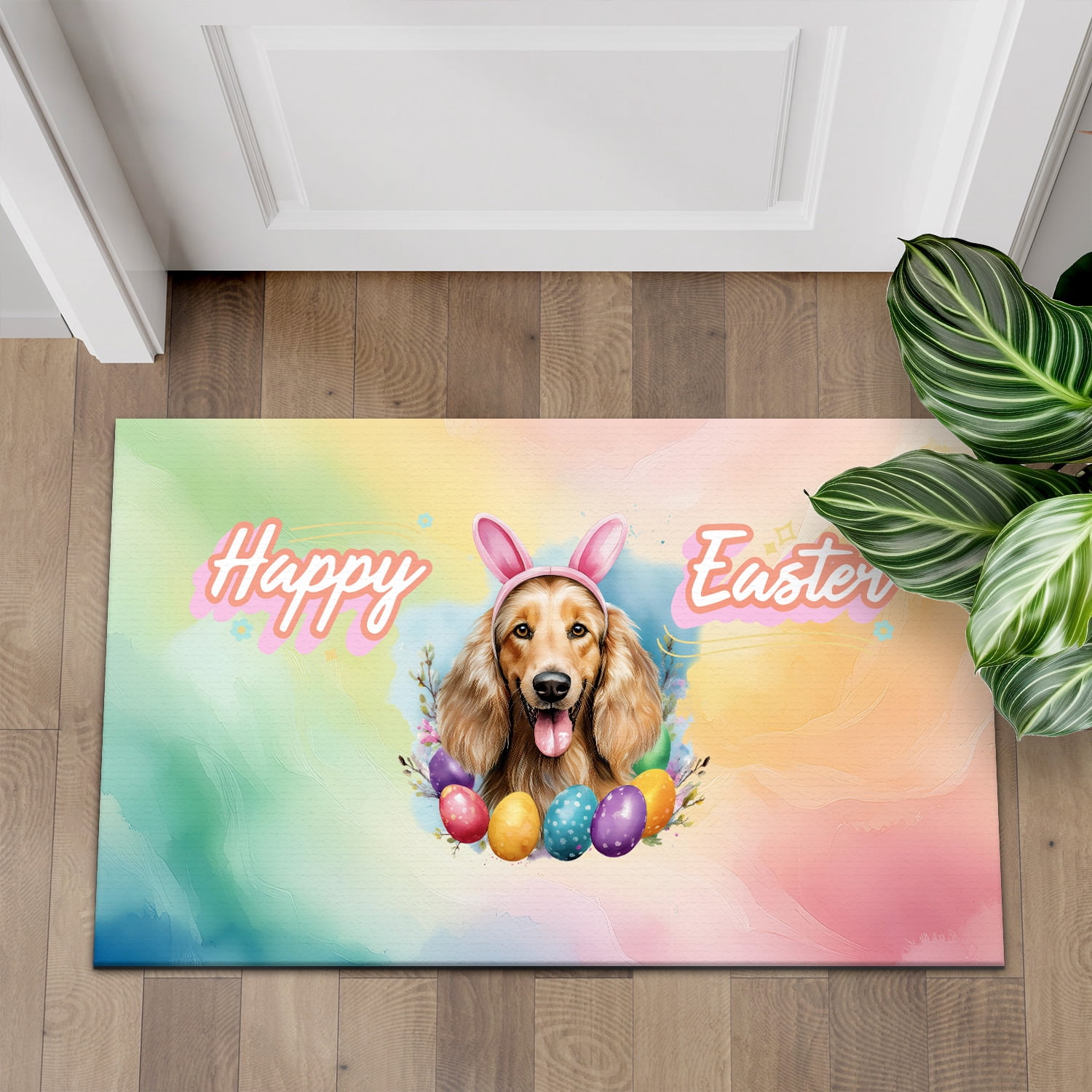 Happy Easter Afghan Hound with Bunny Ear Headband and Flowers Doormat Dog Lover Indoor Outdoor Welcome Mat - 13001