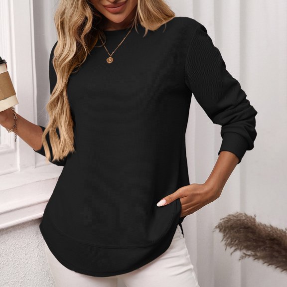 Ladies Tops and Blouses Womens Long Sleeve Round Neck Shirts Side Split Basic Loose Tops Casual 2025 Crew Neck Tops A Little Run Big Long Sleeve T shirt Women