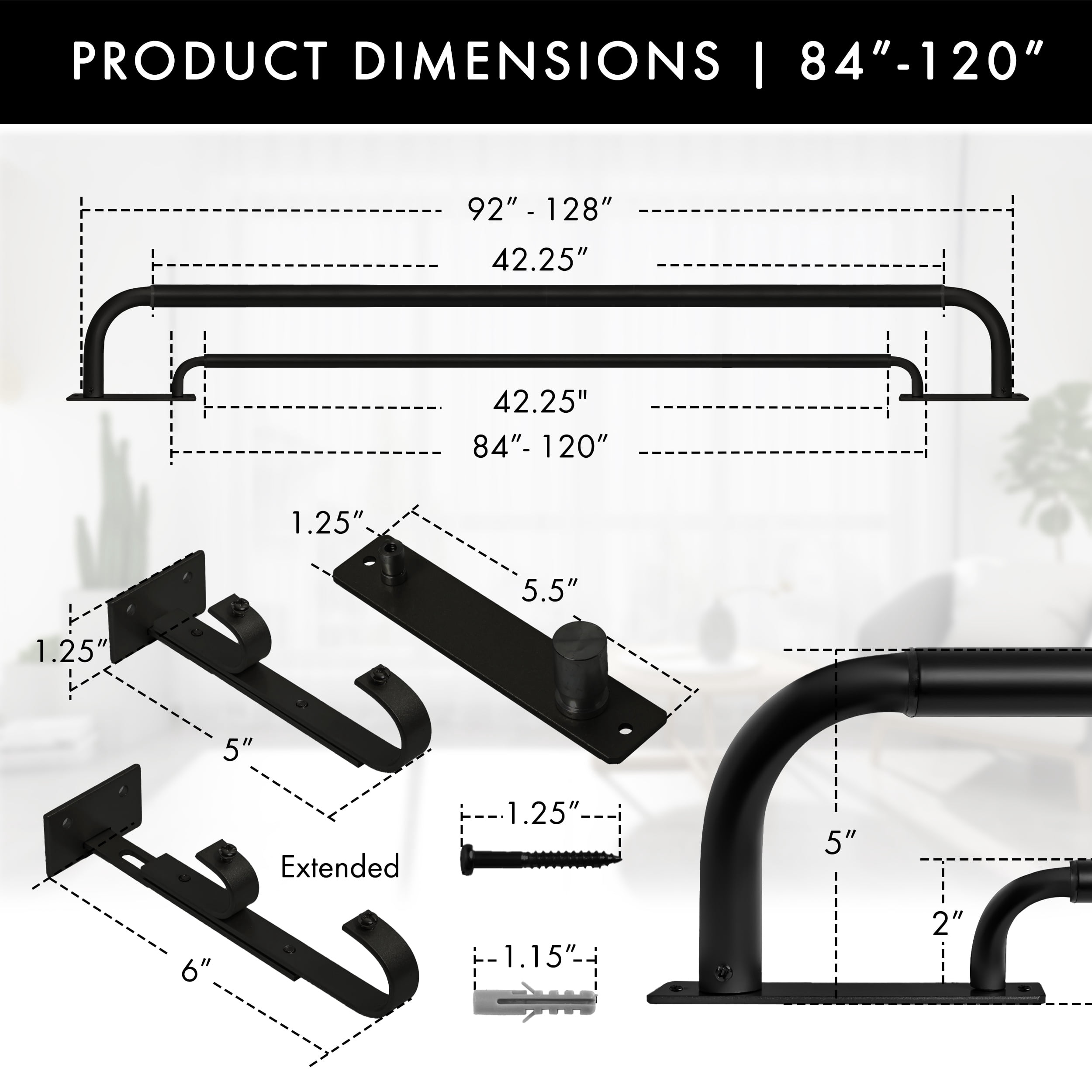 MERIVILLE 1" Double Wraparound Curtain Rod Set, Adjustable 84–120 Inches, Blackout Design, Black