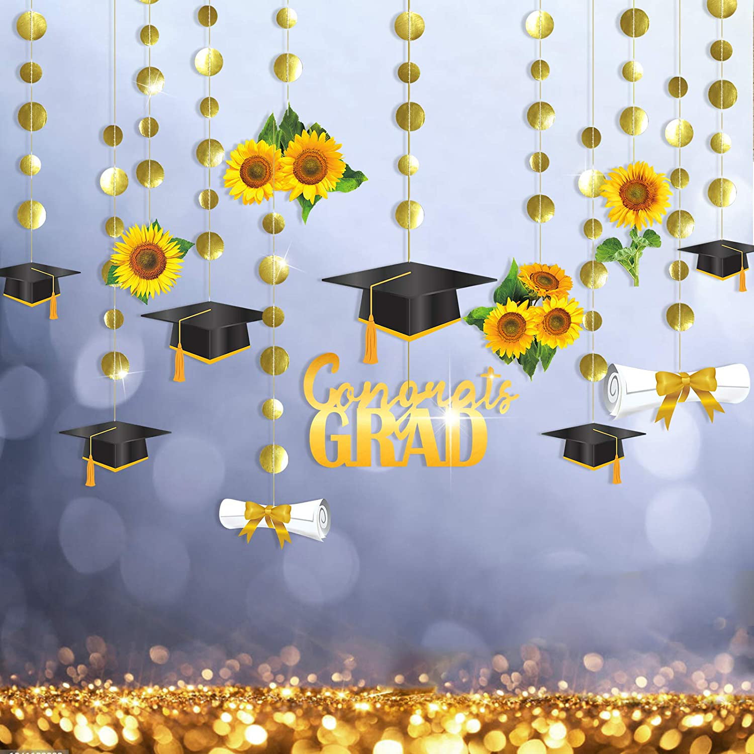 pinkblume Graduation Decorations 2021 Graduation Hat Diploma Star Garland Banner Bunting Streamer Backdrop for Graduation Party Supplies Classroom Middle High School Grad Home Decor Black and Gold 