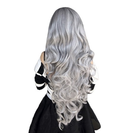 Daveitl 80CM Girl Grey Natural Party Wig Long Full Curly Hair Fashion Synthetic Wig Lace Front Wig,Wigs For Women,Gray