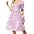 thumbnail image 4 of Vestido rosa de manga corta con estampado de cuadros a cuadros a cuadros trajes de playa para mujer vestido largo para mujer, 4 of 8