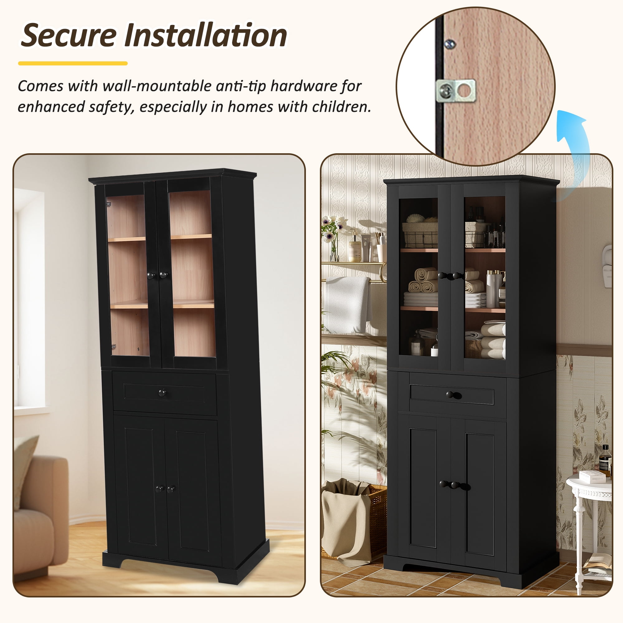 Euroco 67.2" Tall Bathroom Storage Cabinet with Tempered Glass Doors, Adjustable Shelves & Drawer – Modern Freestanding Linen Tower, Soft-Close Design