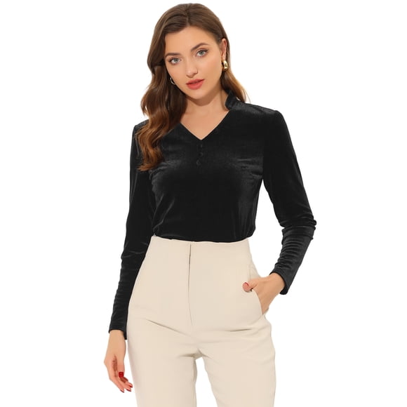Blusa casual de manga larga con cuello en V de terciopelo para mujer Negro S