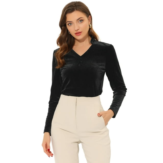 Blusa casual de manga larga con cuello en V de terciopelo para mujer Negro S
