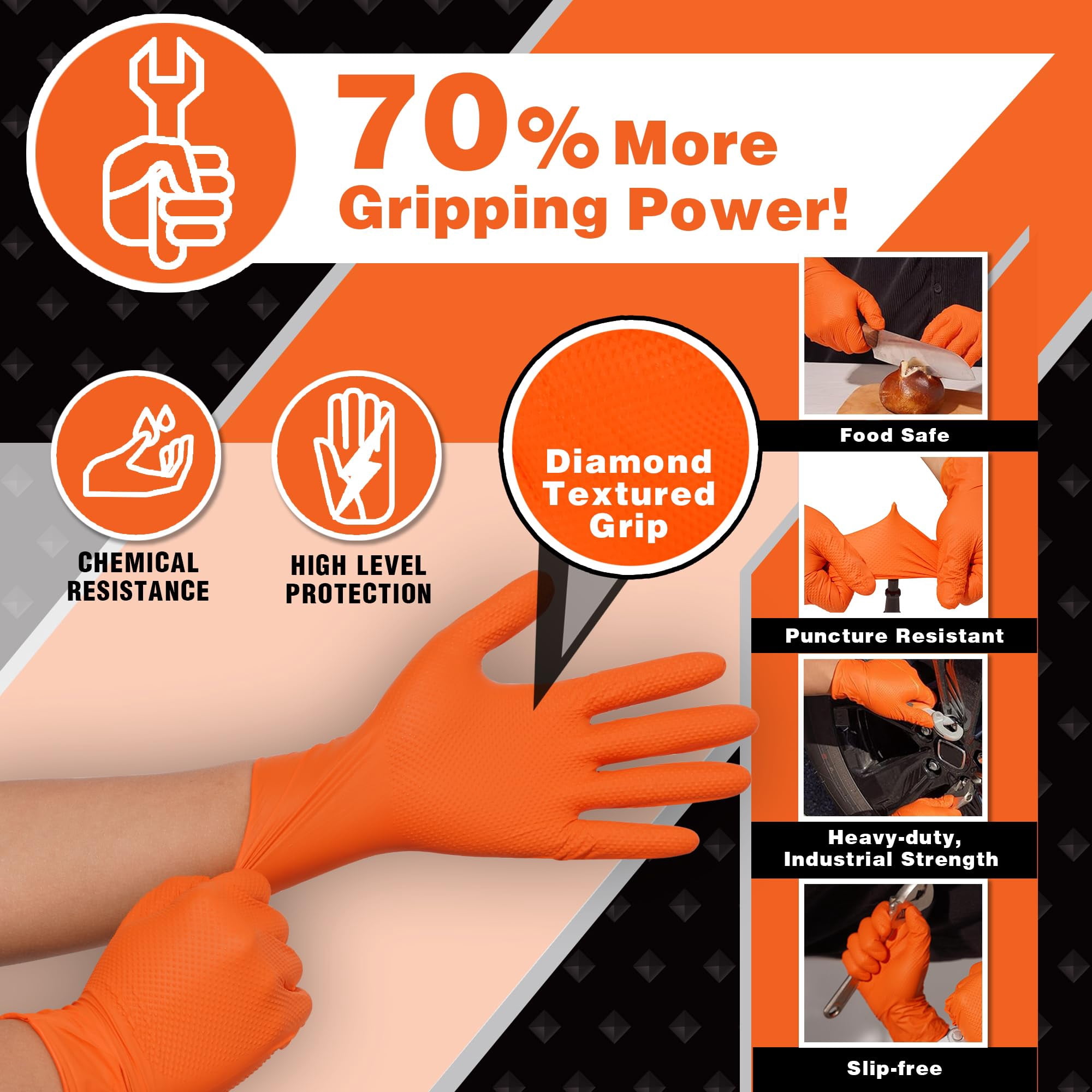 Industrial Orange Nitrile Gloves – Disposable Rubber Gloves 8 Mil – Raised Diamond Texture, Latex & Powder Free - Size Large, Pack of 1000