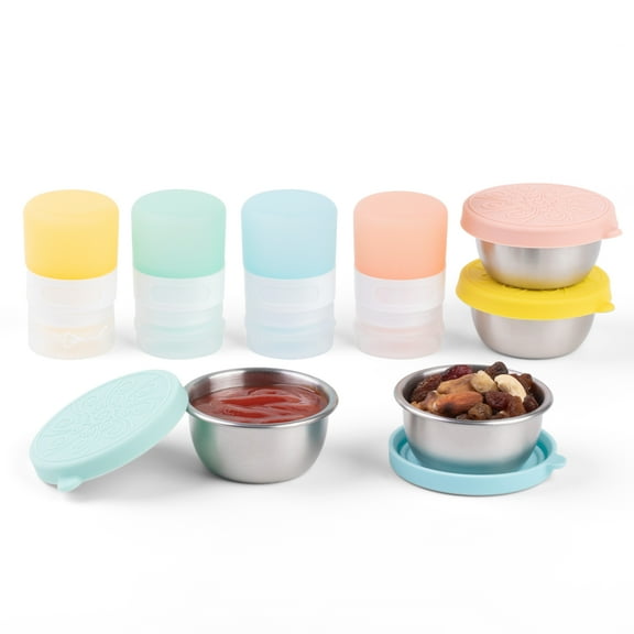 Mrsdry 8-Pack Silicone and Stainless Steel Condiment Containers, 1-oz Squeezable Condiment Dispensers and 1.6-oz Jar Condiment Dispensers, Leak Proof