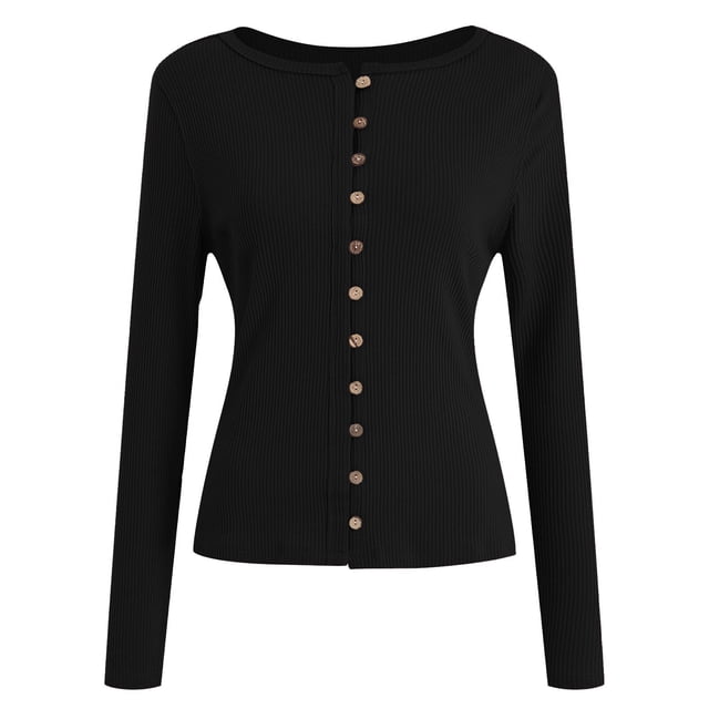 Hvobtty Chemise à Manches Longues Col Rond pour Femmes, Chemises à Manches Longues Col Rond Blouse Cardigan Tricoté Bouton Ajusté Hauts Courts