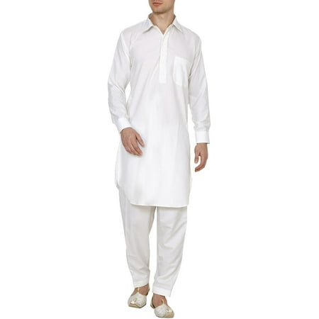 

Royal Mens Neck Thread Embroidered Off-White Classic Collar Polycotton Pathani Kurta and Salwar