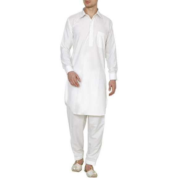 Royal Mens White Neck Thread Embroidered Classic Collar Polycotton Pathani Kurta and Salwar